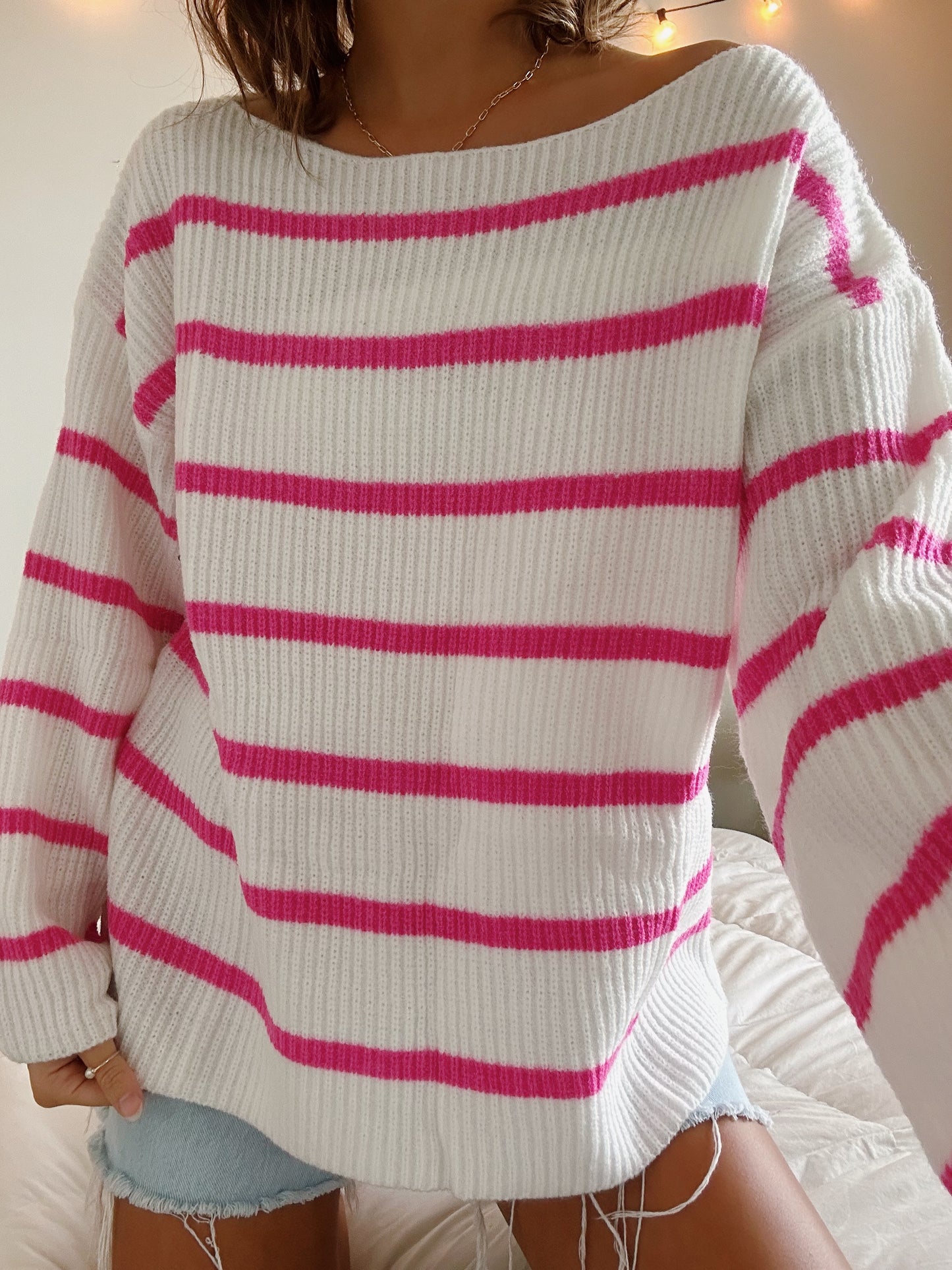PINK STRIPED RIBBED SWEATER