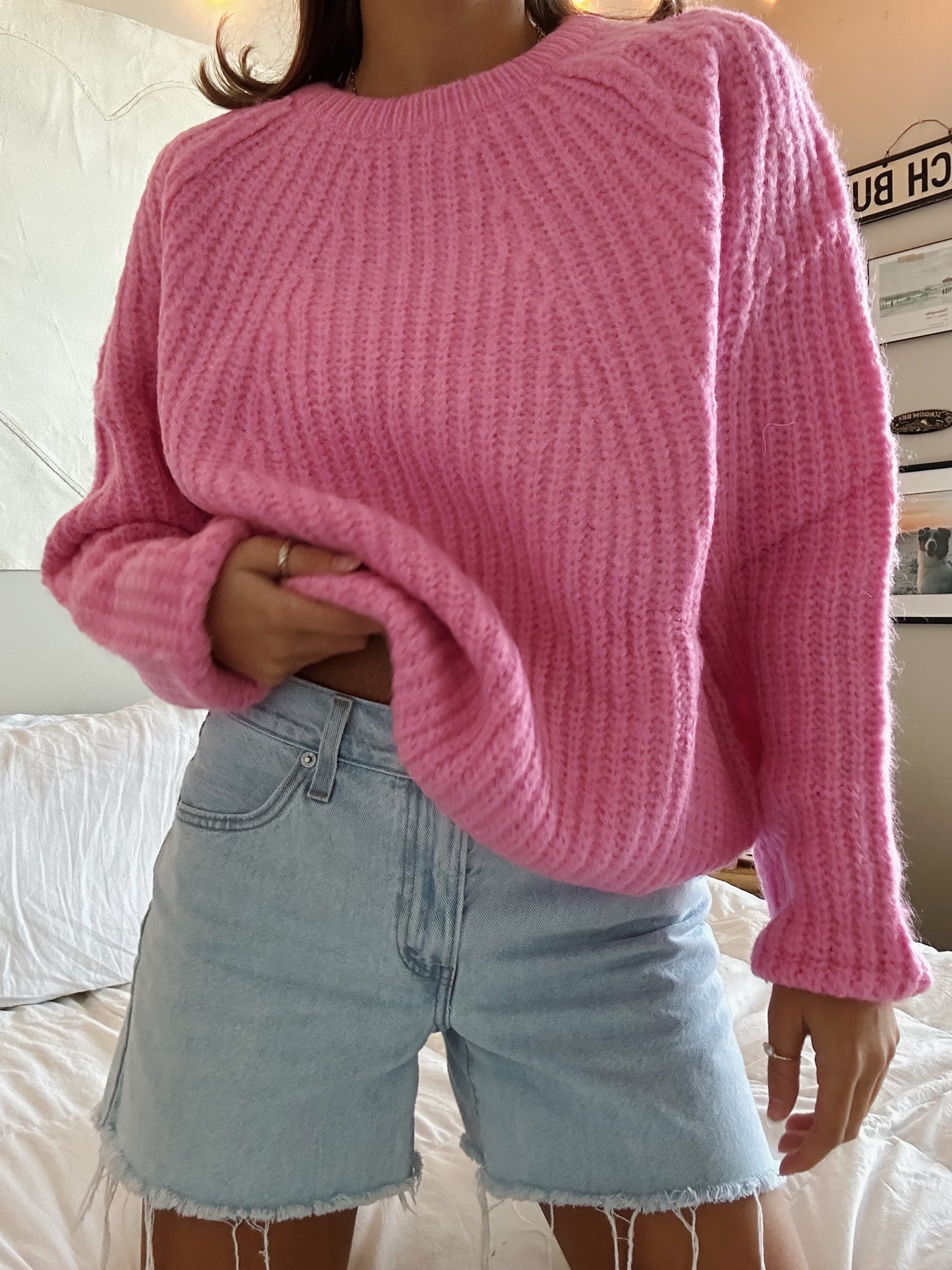 HOT PINK CHUNKY RIBBED SWEATER