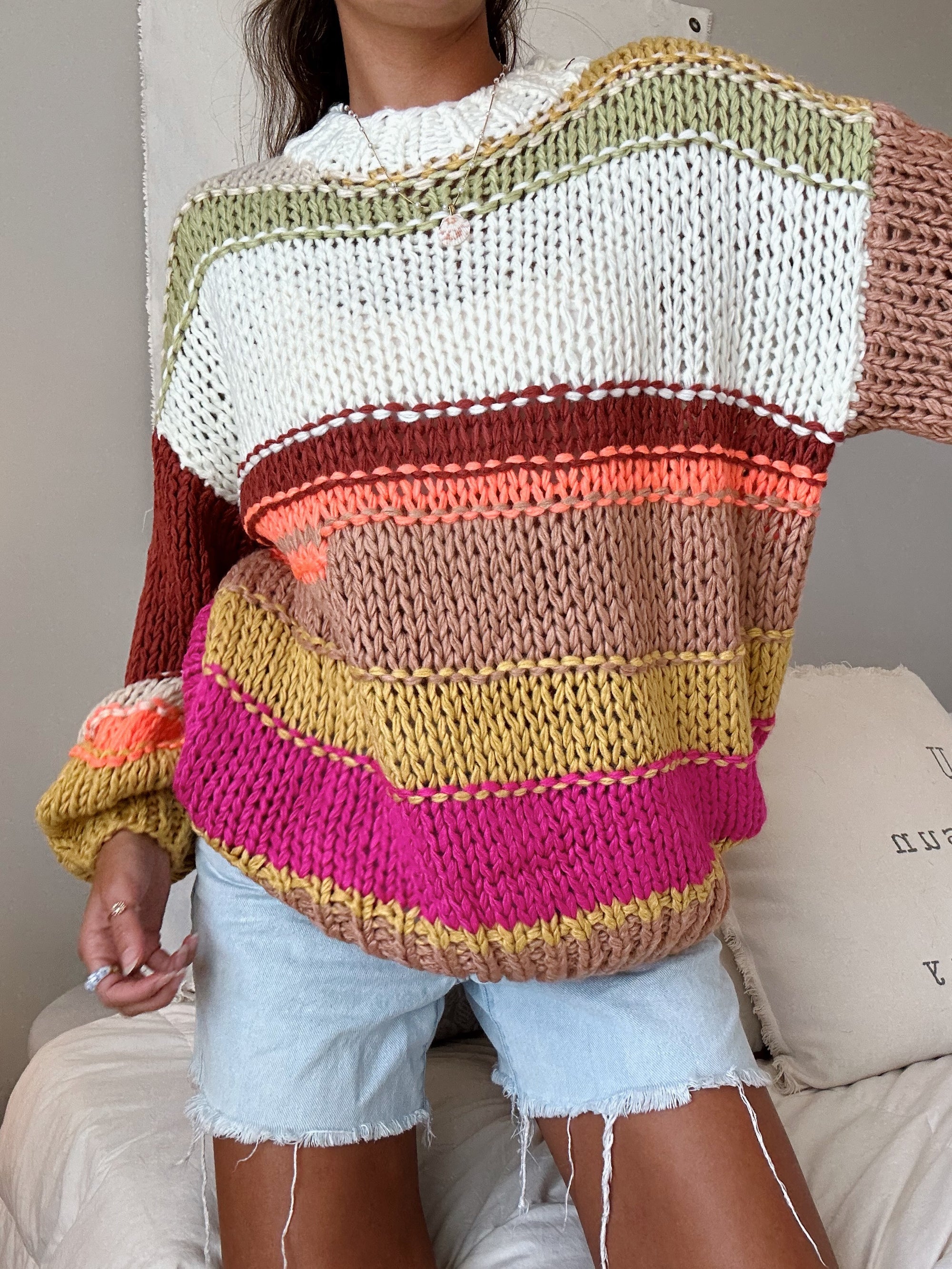 Striped Sweater Open Knit Crochet Sweater COLORS OF THE SUNSET