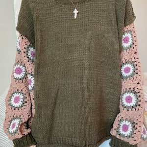 OLIVE CROCHET SLEEVE SWEATER