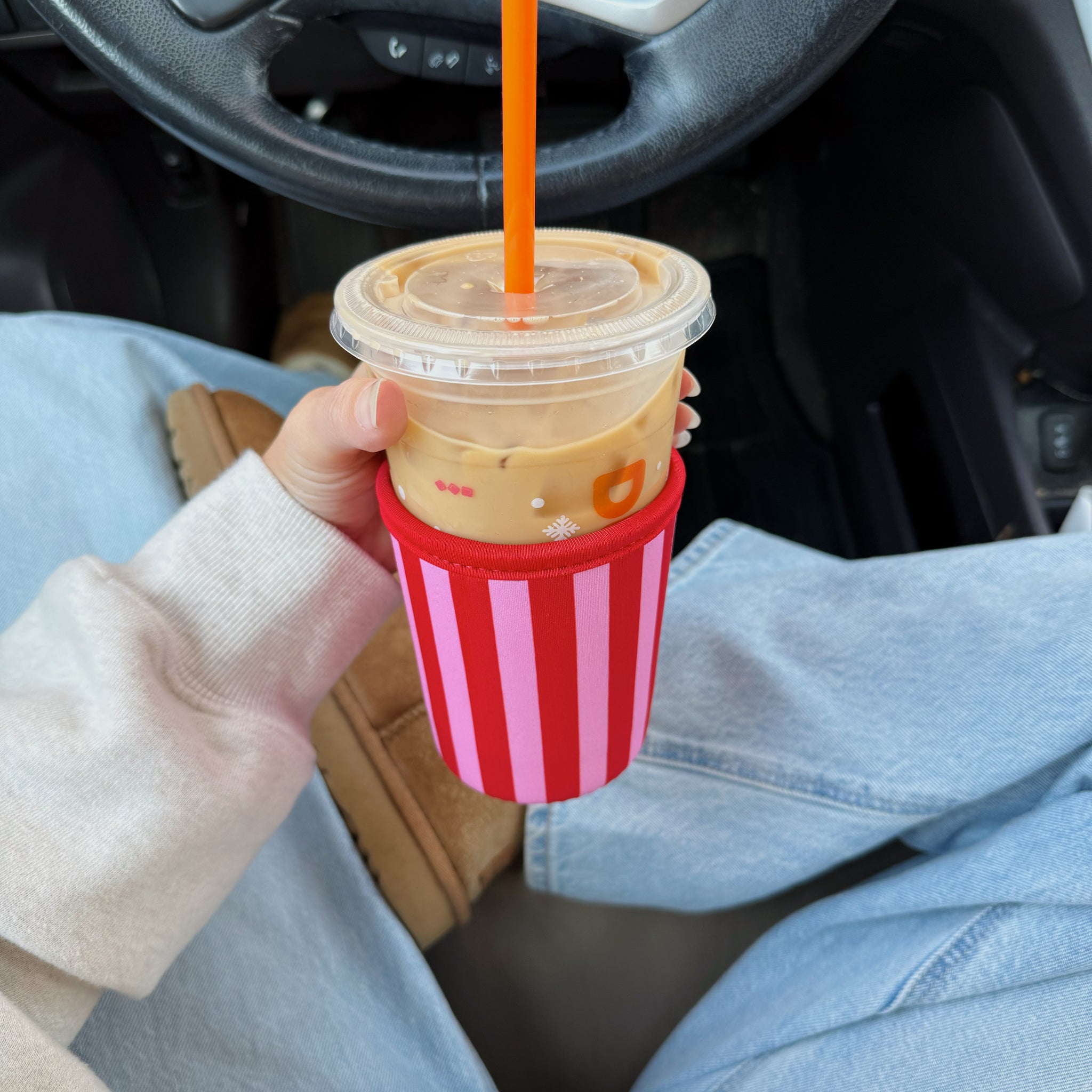 RED AND PINK STRIPED ICED COFFEE COOZIE